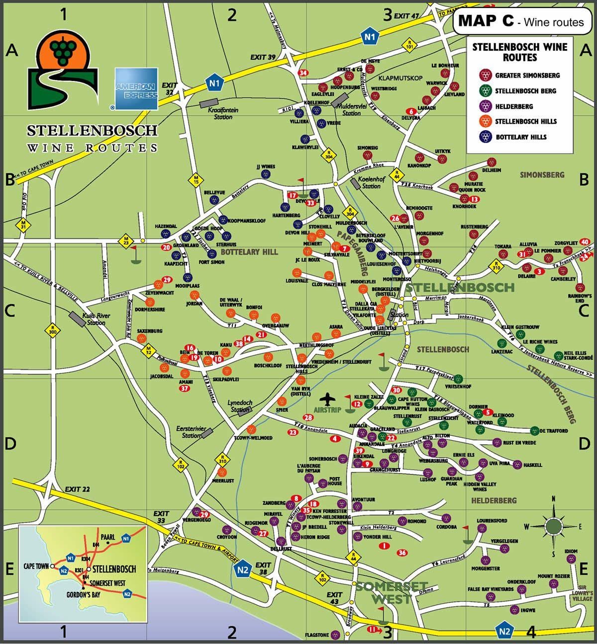 քարտեզը գինու ճանապարհ "ճանապարհային քարտեզի" Քեյփթաունի